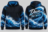 Black hoodie with vibrant blue ocean wave print, front view showing kangaroo pocket and drawstring hood, stylish casual wear