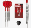Set of three Target Group O 02 Darts with tungsten barrels, red flights, and steel tips, ideal for enhanced indoor dart gameplay