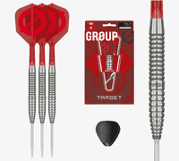Set of three Target Group O 02 Darts with tungsten barrels, red flights, and steel tips, ideal for enhanced indoor dart gameplay