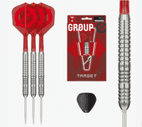 Set of three tungsten darts with wider barrels and Swiss points, red flights, and textured metal grips for enhanced throwing performance