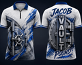Front and back of a white and blue custom darts shirt with a vault design and Jacob The Vault Pound lettering
