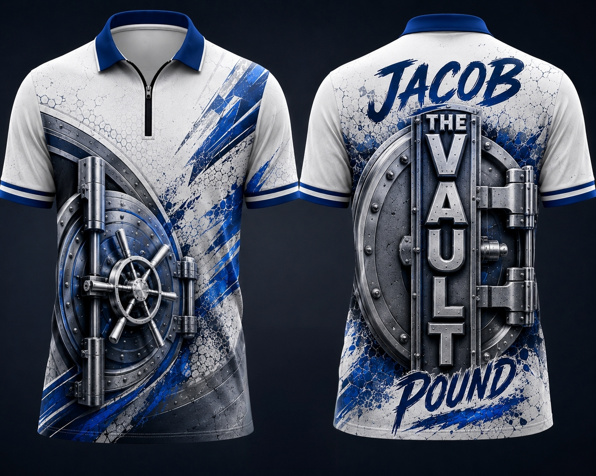 Front and back of a white and blue custom darts shirt with a vault design and Jacob The Vault Pound lettering