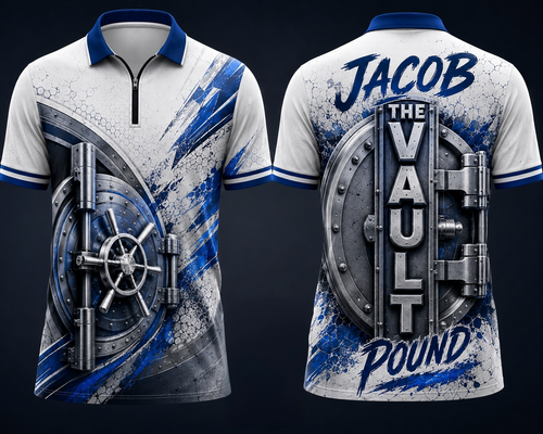 Front and back of a white and blue custom darts shirt with a vault design and Jacob The Vault Pound lettering