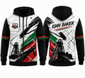 Black, white, red, and green custom hoodie with abstract paint strokes, oil rig graphic, and Oomore Valley Dart Academy logo, front view